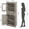 Vannitoa kõrge kapp klaasustega ja sahtliga 60 x 30 x 170 cm | E-pood Tootemaailm Puidumustriga kõrge kaheosaline kapp avatud ustega ja mõõtudega, kõrval inimese siluett kõrguse võrdluseks