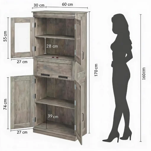 Vannitoa kõrge kapp klaasustega ja sahtliga 60 x 30 x 170 cm | E-pood Tootemaailm Puidumustriga kõrge kaheosaline kapp avatud ustega ja mõõtudega, kõrval inimese siluett kõrguse võrdluseks