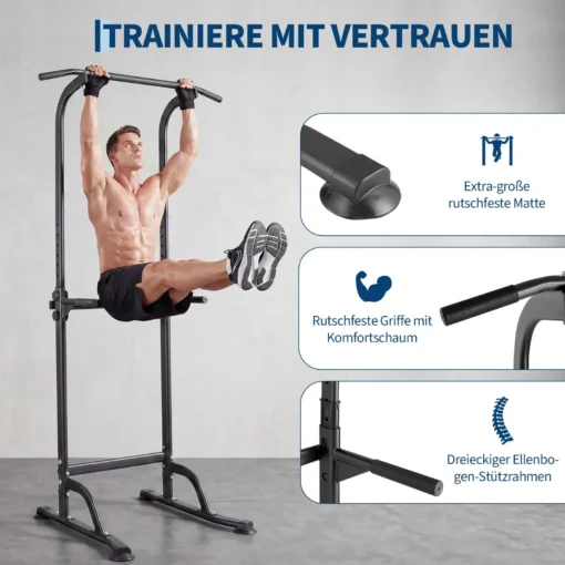 Reguleeritava kõrgusega tõmbekangiga treeningjaam kuni 150 kg | E-pood Tootemaailm Mees teeb jõutõmmet kodusel tõmbekangil, kõrval on näidatud rihmavaba matt, libisemiskindlad käepidemed ja küünarnukitugi