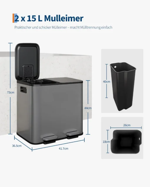 Kahe sektsiooniga köögi prügikast 2 x 15 l pehme sulgumisega | E-pood Tootemaailm Kaks 15-liitrist prügikasti eraldi sortimiseks, mõõtudega 41,7 × 36,5 × 73 cm