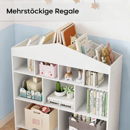 Majakujuline laste raamatu- ja mänguasjariiul 9 avatud riiuliga | E-pood Tootemaailm Valge mitmekordne riiul mänguasjade, raamatute ja dekoratsioonidega laste toas