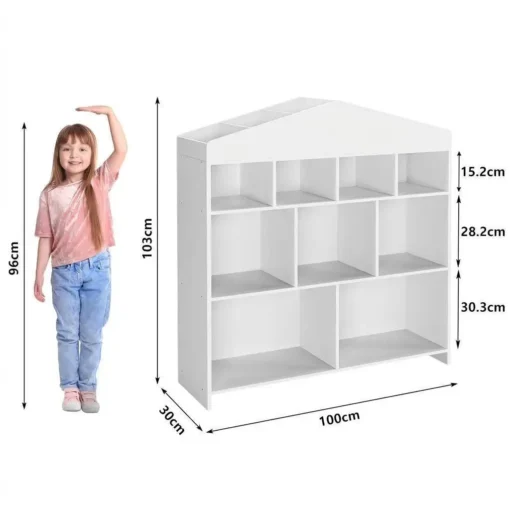 Majakujuline laste raamatu- ja mänguasjariiul 9 avatud riiuliga | E-pood Tootemaailm Valge laste riiul mõõtudega 100 x 30 x 103 cm, võrdluses 96 cm pikkuse lapsega