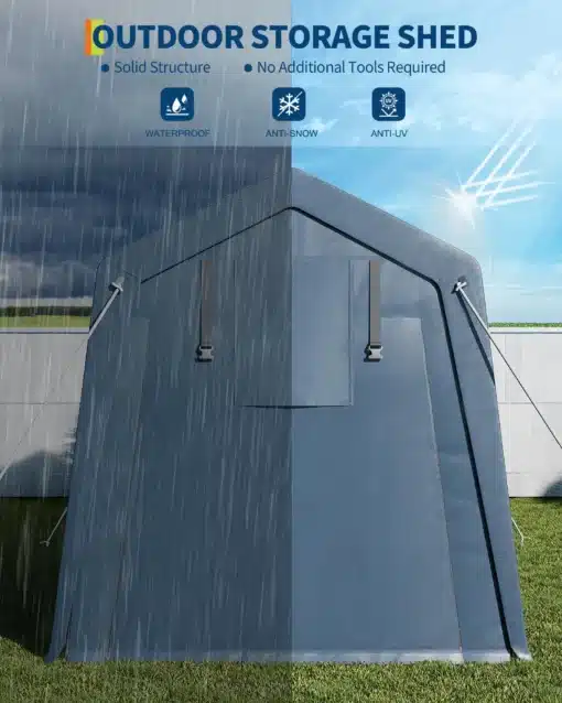 Mootorratta varjualune lukuga ukse ja tuulutusakendega | E-pood Tootemaailm Hallikas outdoor storage shed murul, vihma, lumesaju ja päikese kaitsega