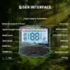 Metalliotsija LCD-ekraani ja pinpointer-funktsiooniga | E-pood Tootemaailm Metallidetektori juhtpaneeli kasutajaliidese vaade, ekraan ja nupud märgistatud