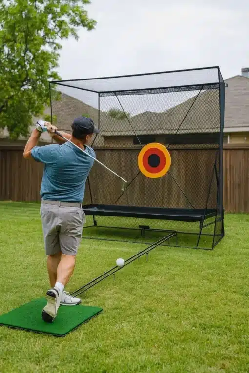 Golfi löögivõrk pallitagastussüsteemiga sise- ja välitreeninguks | E-pood Tootemaailm Golfimängija lööb palli koduses aias treeningvõrku sihtmärgi suunas