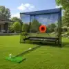 Golfi löögivõrk pallitagastussüsteemiga sise- ja välitreeninguks | E-pood Tootemaailm Koduaias golfiharjutusvõrk sihtmärgi ja pallialusega murul