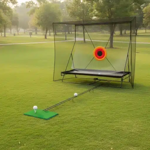 Golfi löögivõrk pallitagastussüsteemiga sise- ja välitreeninguks | E-pood Tootemaailm Golfiharjutusvõrk koos löögimati ja sihtmärgiga muruväljakul