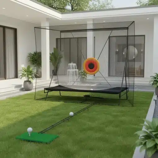 Golfi löögivõrk pallitagastussüsteemiga sise- ja välitreeninguks | E-pood Tootemaailm Aias kasutatav golfi harjutusvõrk murul koos löögimati ja palliteega