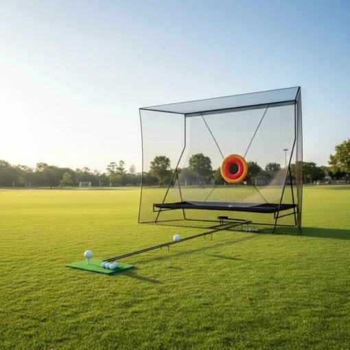 Golfi löögivõrk pallitagastussüsteemiga sise- ja välitreeninguks | E-pood Tootemaailm Golfi harjutusvõrk sihtmärgiga ja pallide löögiala rohelisel väljakul