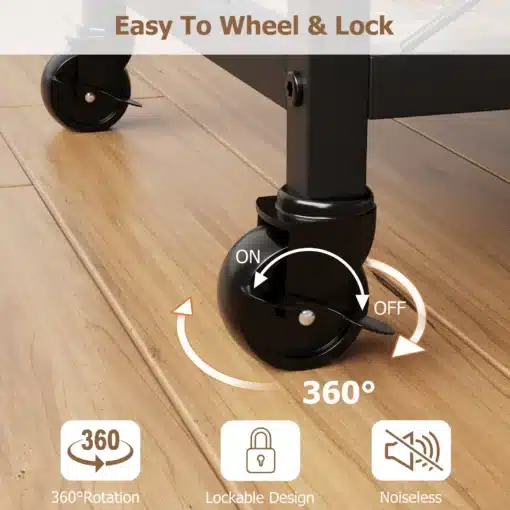 Ratastega köögikäru veiniriiuli ja 3 tasapinnaga | E-pood Tootemaailm Mustad lukustatavad 360° pöörlevad rattad põrandal