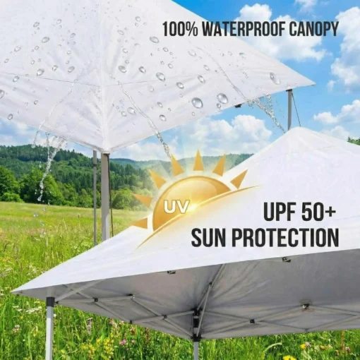 Kokkupandav aiatelk 3 x 6 m UV-kaitsega ja veekindel | E-pood Tootemaailm Valge pop-up varikatuse kangas, millel on märgistus 100% veekindel ja UPF 50+ päikesekaitse