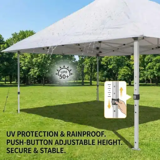 Kokkupandav aiatelk 3 x 6 m UV-kaitsega ja veekindel | E-pood Tootemaailm Valge varikatusega telk õues murul, näidatud UV-kaitse, vihmakindlus ja reguleeritav kõrgus