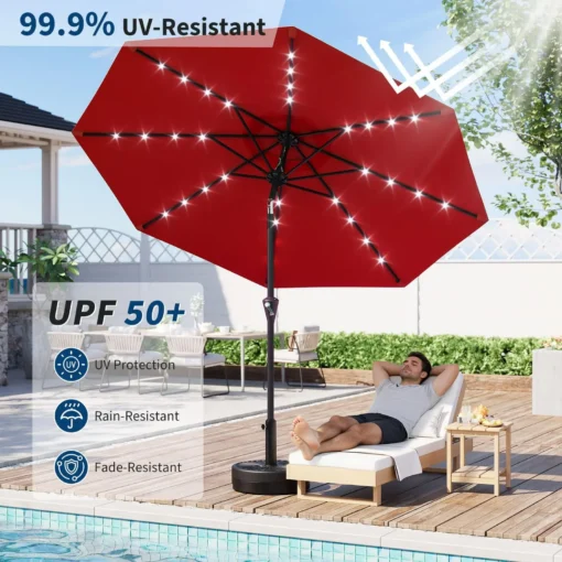 Päikeseenergial töötav LED-valgustusega aiapäikesevari 32 LED-tulega | E-pood Tootemaailm Punane välitingimustes päikesevari terrassil, UV-kaitse ja suur varjutusala