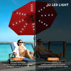 Punane päikesevari 32 LED-valgusega, kasutusel terrassil päevaks ja ööks