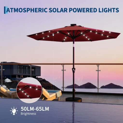 Päikeseenergial töötav LED-valgustusega aiapäikesevari 32 LED-tulega | E-pood Tootemaailm Punane päikesevarju külge kinnitatud päikeseenergial töötav valgusriba terrassil