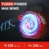 Punane turbo-õhupuhur, millel on esiküljel valgustatud ventilaator ja tekstid „Turbo Power Max Wind”.