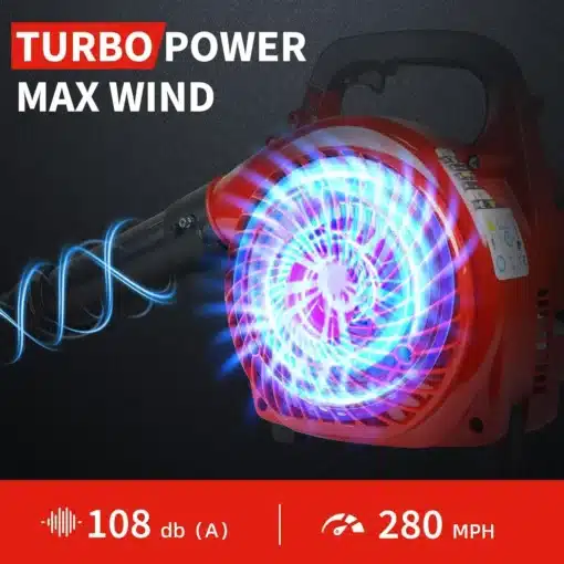 Punane turbo-õhupuhur, millel on esiküljel valgustatud ventilaator ja tekstid „Turbo Power Max Wind”.