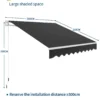 Varikatuse toote mõõtmete skeem: laius 350 cm, sügavus 250 cm, kõrgus 150 cm, paigaldusvahe vähemalt 300 cm.