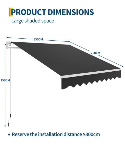 Varikatuse toote mõõtmete skeem: laius 350 cm, sügavus 250 cm, kõrgus 150 cm, paigaldusvahe vähemalt 300 cm.