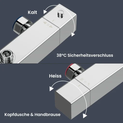 Kroomitud termostaatiline dušikomplekt | E-pood Tootemaailm Kroomviimistlusega segisti termostaadiga, märgitud külma ja kuuma vee suund ning 38°C turvalukk