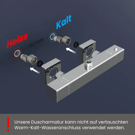 Kroomitud termostaatiline dušikomplekt | E-pood Tootemaailm Dušisegisti paigaldusskeem kuuma ja külma veeliitmikuga, ühenduste vahekaugus 15+1 cm