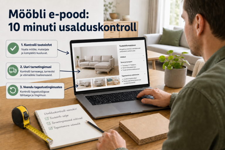 Inimene kontrollib kodus sülearvutist mööbli e-poe toote- ja tarnetingimusi.