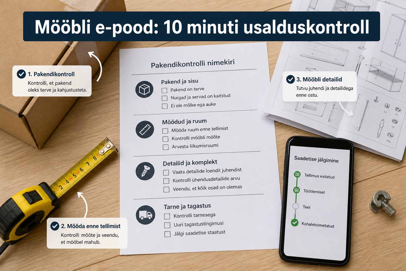 Mõõdulint, pakendikontrolli nimekiri ja mööbli detailid enne veebist tellimist.