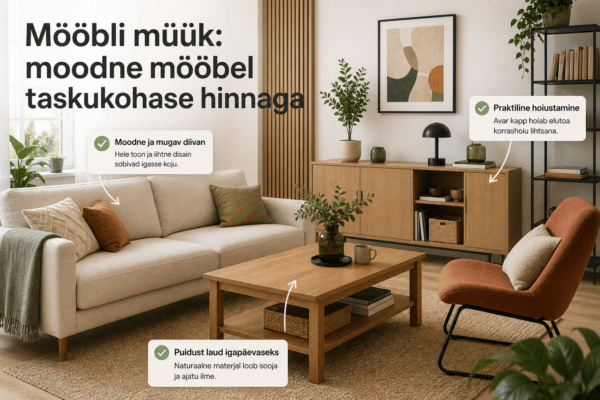 Moodne elutuba heleda diivani, puidust laua ja praktilise kapiga