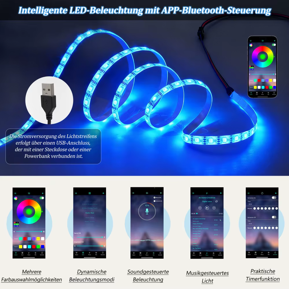 Sinine LED-valgusriba USB-toitega, juhitav nutitelefoni äpi ja Bluetoothiga, näidatud ka puldi ekraanid