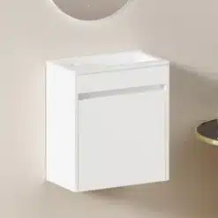 Valge seinakapp vannitoas, minimalistliku disainiga ja ühe uksega