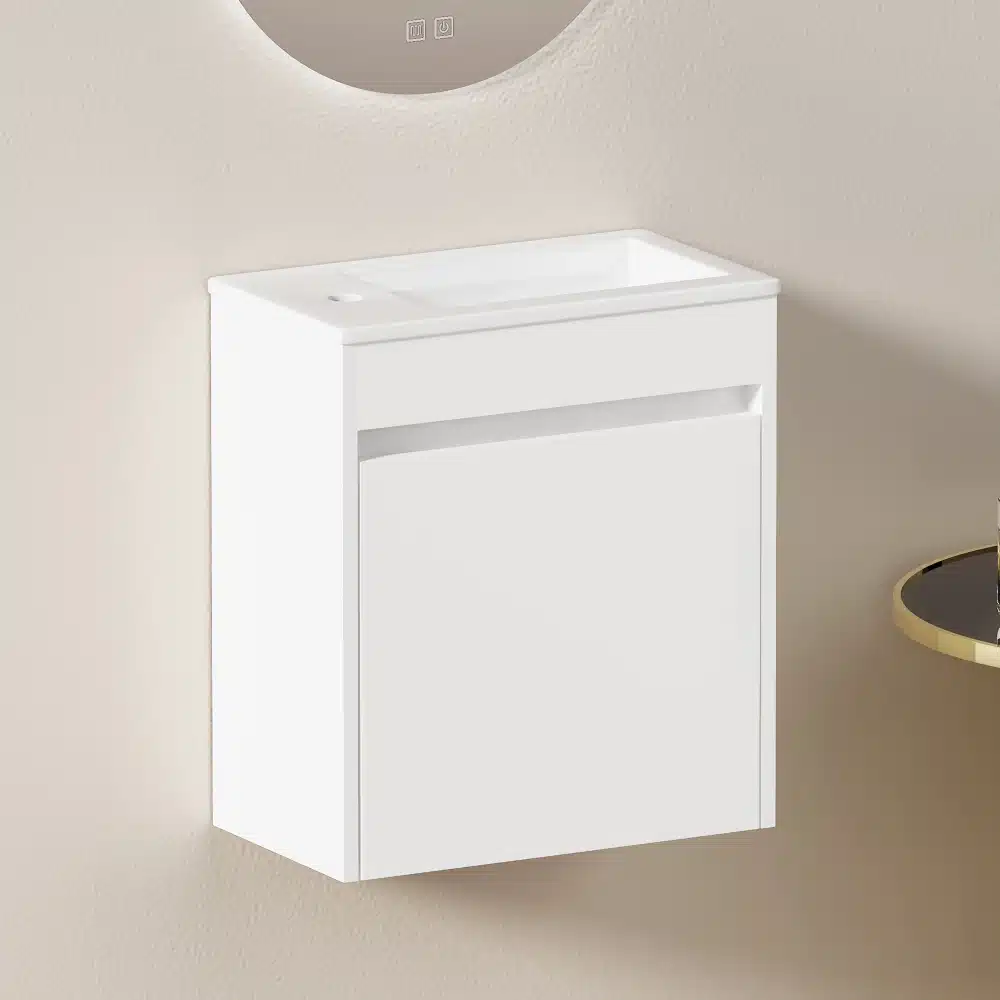 Valge seinakapp vannitoas, minimalistliku disainiga ja ühe uksega