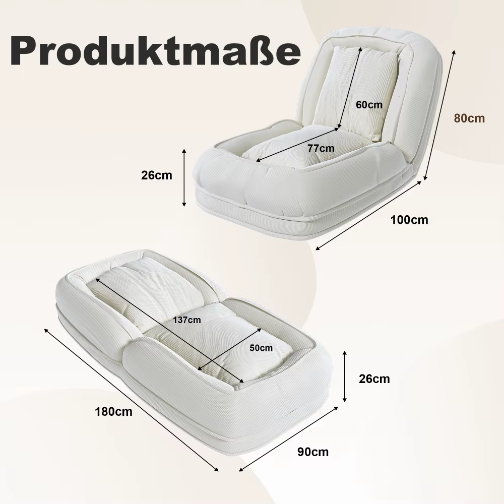Valge pehme lamamis- ja istumispadi mõõtmetega 100x80x26 cm ning avatuna 180x90x26 cm