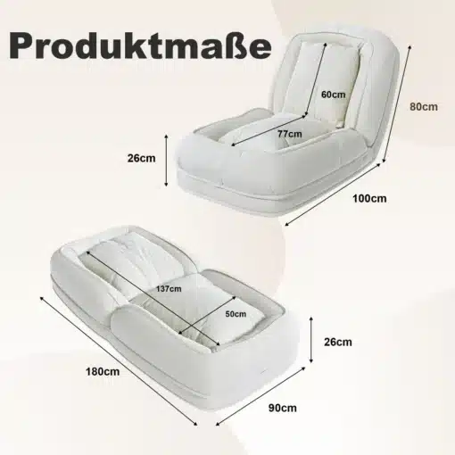 Kokkupandav reguleeritav lamamistool-voodi patjadega | E-pood Tootemaailm Täispuhutav valge lamamistool/voodi mõõtudega 100 x 80 x 26 cm ja 180 x 90 x 26 cm