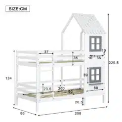 Valge puidust kahekorruseline majakujuline narivoodi mõõtudega 208 x 96 x 229,5 cm