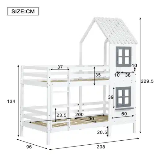 Valge puidust kahekorruseline majakujuline narivoodi mõõtudega 208 x 96 x 229,5 cm