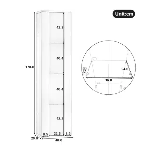 LED-valgustusega vitriinkapp kollektsioonidele 4 riiuliga | E-pood Tootemaailm Kõrge kapp mõõtudega 170 × 40 × 29 cm, sisemised sektsioonid ja detailne mõõtjoonis