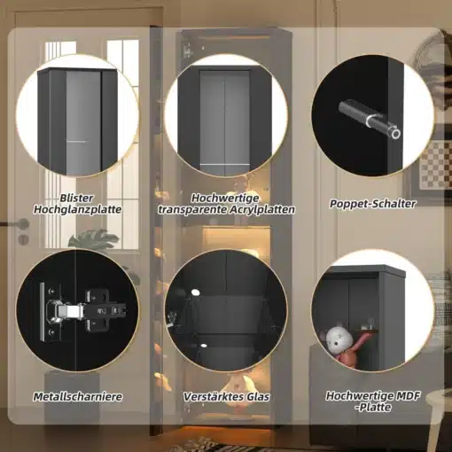 LED-valgustusega vitriinkapp kollektsioonidele 4 riiuliga | E-pood Tootemaailm Vitriinkapi detailid: kõrgläikega plaat, läbipaistev akrüül, nupplüliti, metallhinged, tugevdatud klaas ja MDF