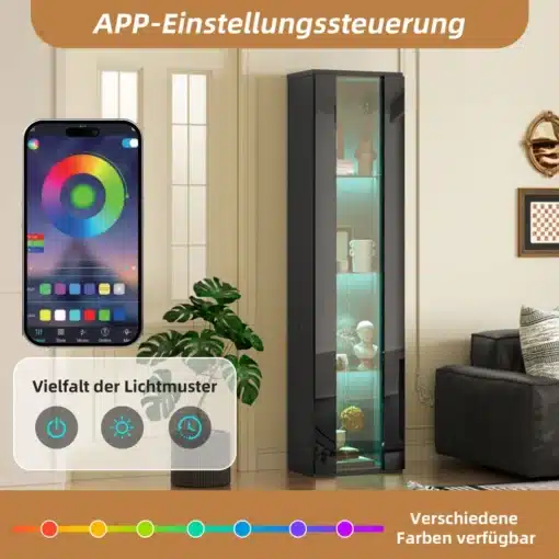 LED-valgustusega vitriinkapp kollektsioonidele 4 riiuliga | E-pood Tootemaailm Must kappappi ning nutitelefoni rakenduse ekraan valgusvärvi ja valgusmustrite juhtimiseks