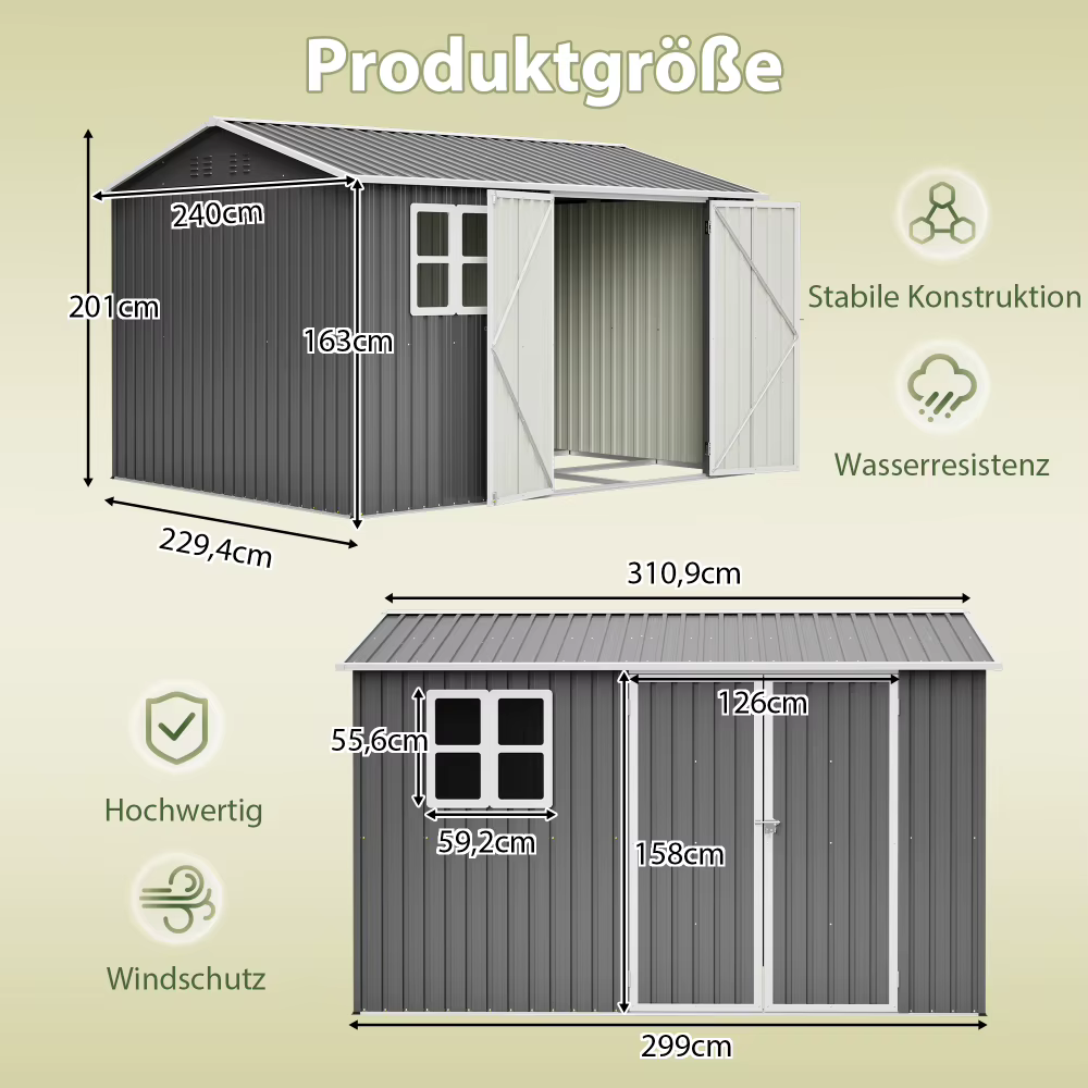 Hall-vari, akna ja kahe uksega aiakuur mõõtudega 310,9 cm ja 299 cm, pildil näidatud kõrgused ning detailid