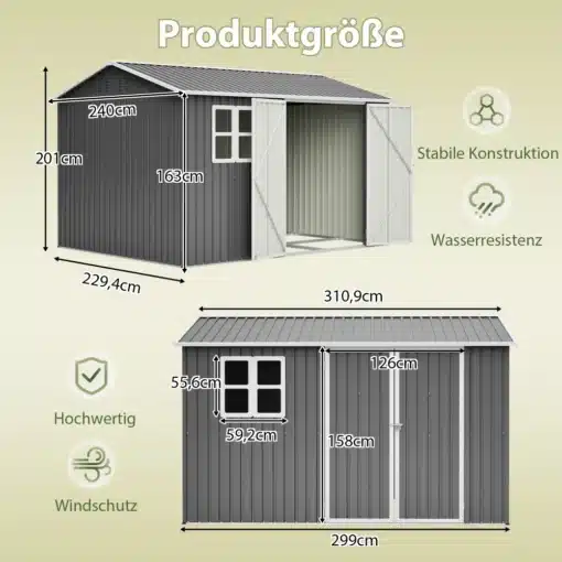 Metallist aiakuur tööriistadele 311 × 240 cm akna ja ventilatsiooniavadega | E-pood Tootemaailm Hallihoone mõõtude skeem, millel on näidatud külgvaade, eesvaade, uksed ja aken ning mitmed mõõdud sentimeetrites