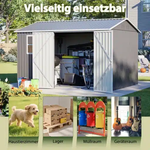 Metallist aiakuur tööriistadele 311 × 240 cm akna ja ventilatsiooniavadega | E-pood Tootemaailm Hallikas metallist aiakuur avatud kaheukselise sissepääsuga, sees on hoiu- ja töövahendid