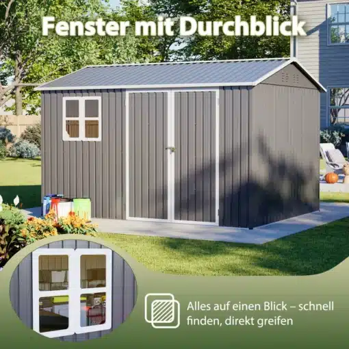 Metallist aiakuur tööriistadele 311 × 240 cm akna ja ventilatsiooniavadega | E-pood Tootemaailm Hall halliukse ja aknaga aiamaja, metallist viilkatusega kuur aias