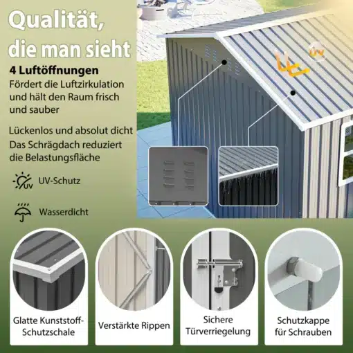 Metallist aiakuur tööriistadele 311 × 240 cm akna ja ventilatsiooniavadega | E-pood Tootemaailm Aiapaviljoni või kuuri detailvaade, millel on 4 ventilatsiooniava, UV-kaitse, veekindlus, kindel ukse sulgur ja kruvikatted