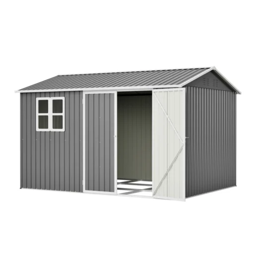 Metallist aiakuur tööriistadele 311 × 240 cm akna ja ventilatsiooniavadega | E-pood Tootemaailm Hallikas metallist aiakuur akna ja avatava uksega