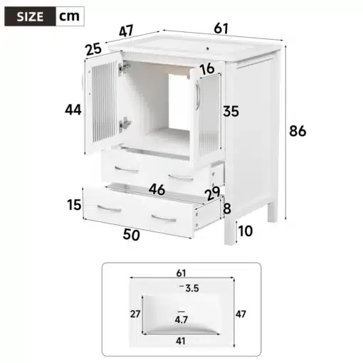Vabalt seisev vannitoakapp keraamilise valamuga ja klaasustega | E-pood Tootemaailm Valge kapp kahe ukse ja kahe sahtliga, mõõtudega 61 × 47 × 86 cm ning joonisel märgitud detailmõõdud