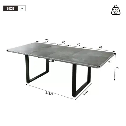 Laiendatav söögilaud mõõtudega 220 × 90 × 75 cm, kandevõime 100 kg