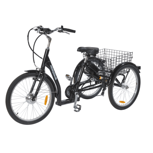 Kolmerattaline elektrijalgratas AMLADCYKLER Tricycle | E-pood Tootemaailm Must kolme rattaga jalgratas esitava korviga valgel taustal