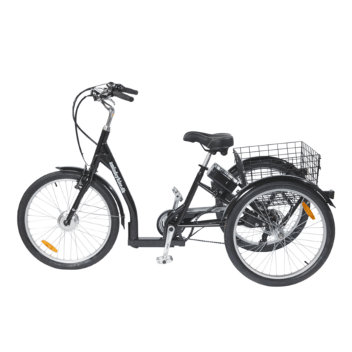 Kolmerattaline elektrijalgratas AMLADCYKLER Tricycle | E-pood Tootemaailm Must elektriline kolmerattaline jalgratas korviga ja esikorviga valgel taustal
