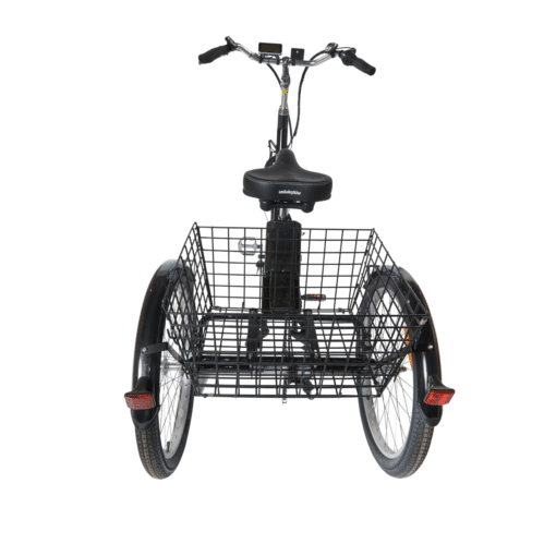 Kolmerattaline elektrijalgratas AMLADCYKLER Tricycle | E-pood Tootemaailm Must elektriline kolmerattaline jalgratas suure esikorviga ja musta raamiga valgel taustal