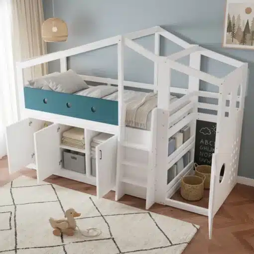 Laste poolkõrge majakujuline voodi mänguala ja kapiga 90 x 200 cm | E-pood Tootemaailm Valge lastevoodi hoiukappidega ja trepiga, sinise külgpaneeliga lastetoas